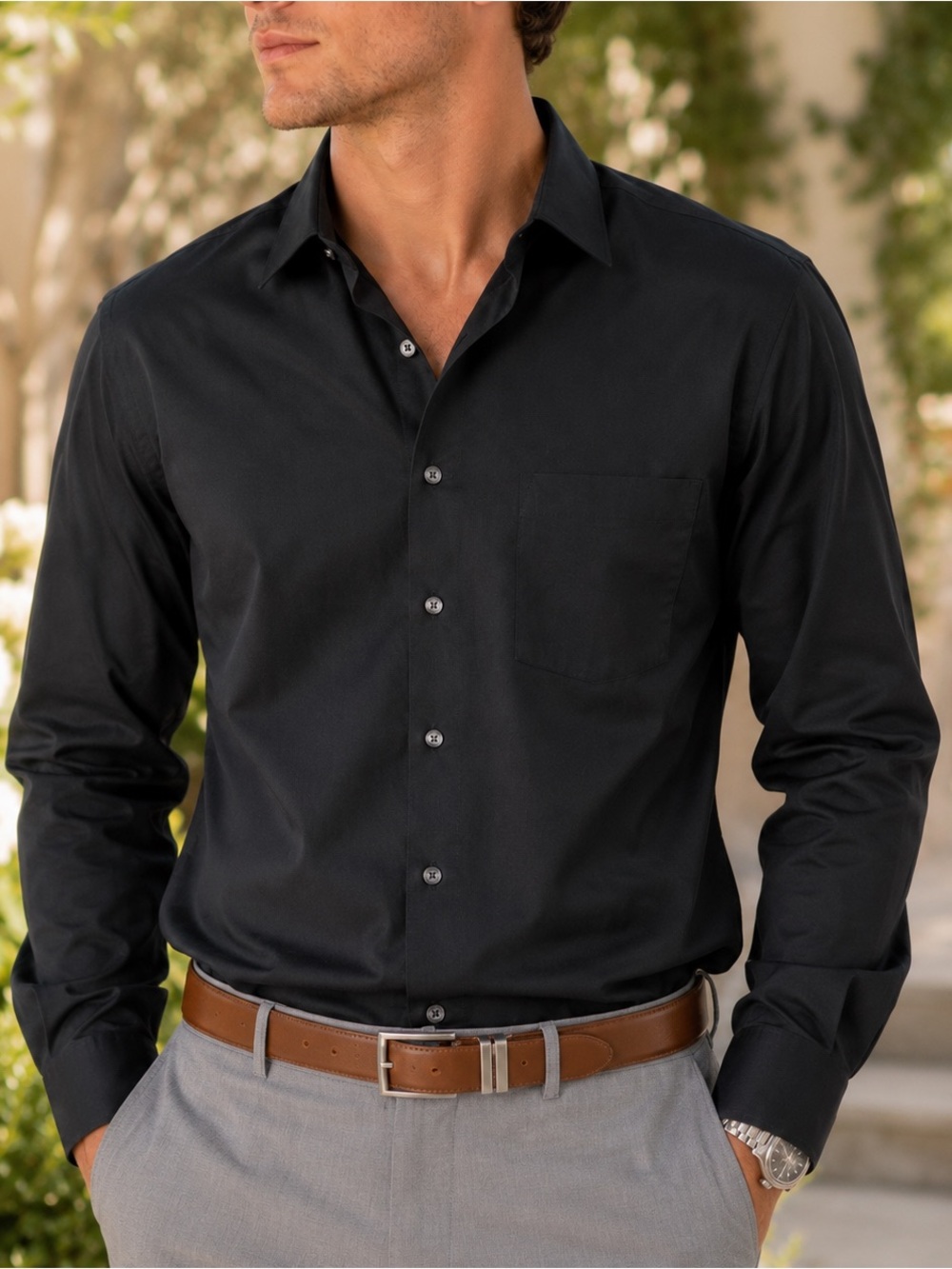 Stafford Travel Easy Care Black Dress Shirt Fitted 18 36/37